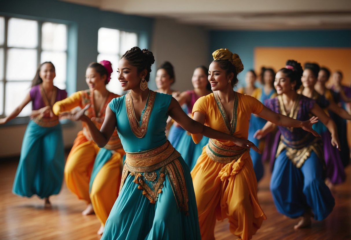 Dancers from diverse backgrounds move together in a vibrant, colorful studio, embracing and learning traditional cultural dance styles