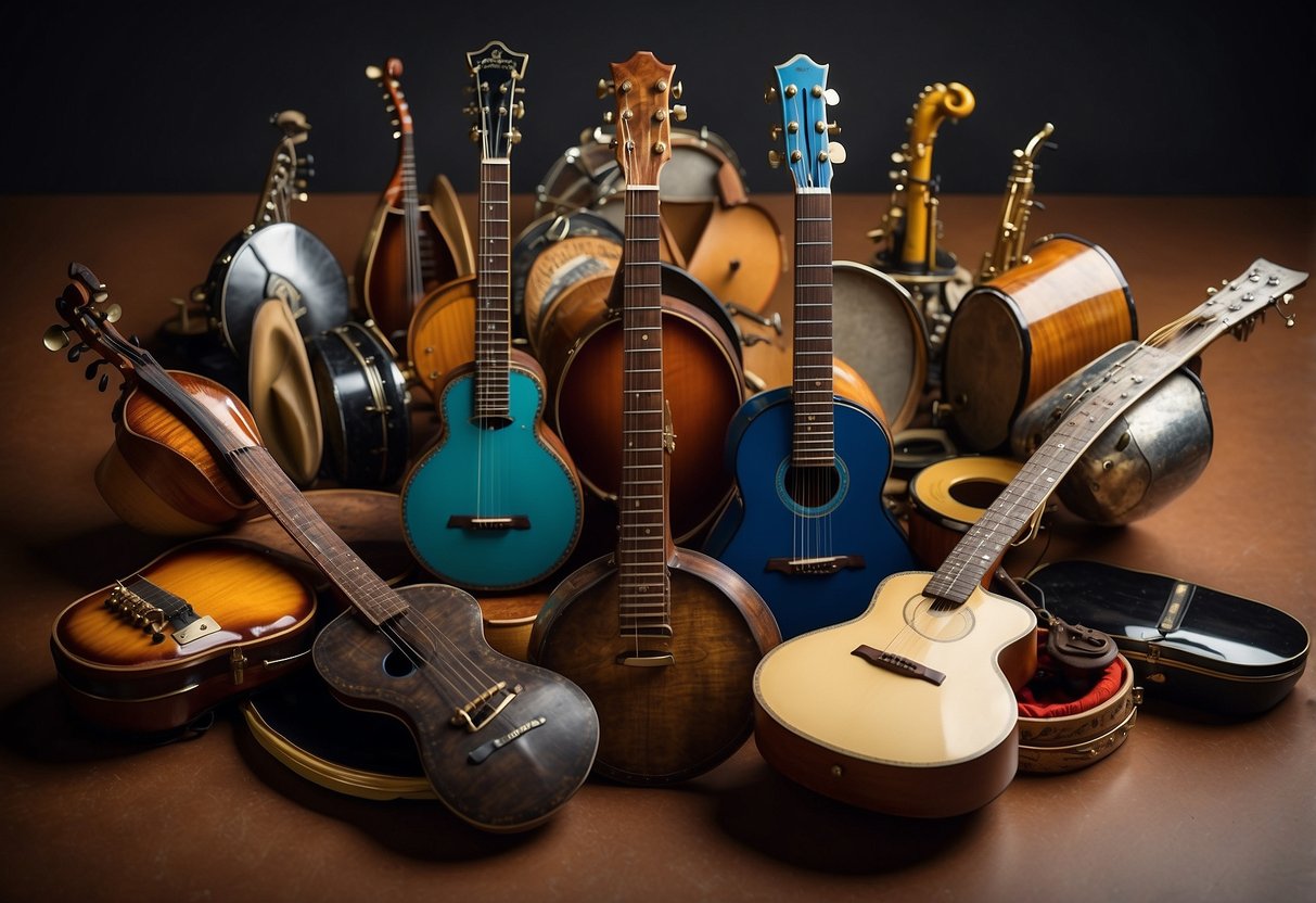 A diverse group of musical instruments from around the world arranged in a circle, with colorful flags and symbols representing different cultures