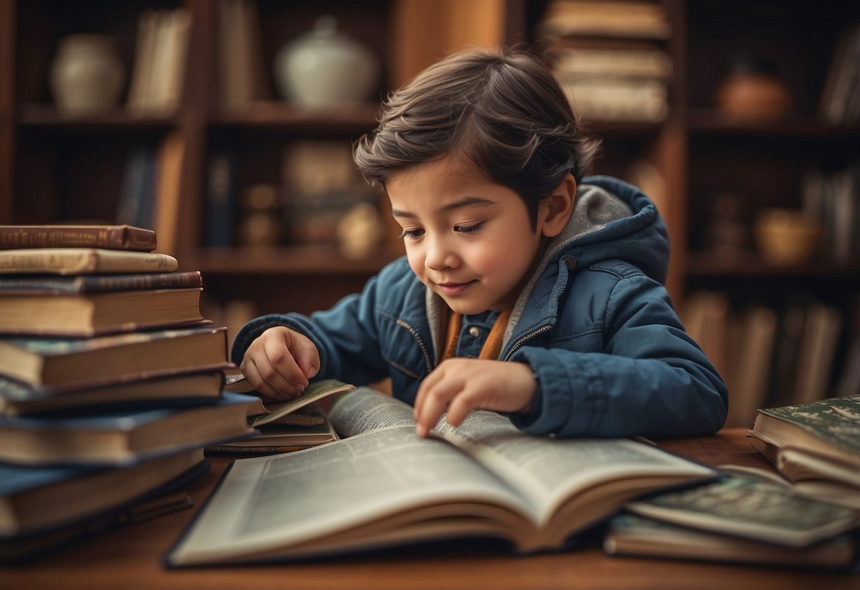 A child surrounded by diverse cultural objects, books, and maps, engaging in activities like cooking, music, or art from different cultures