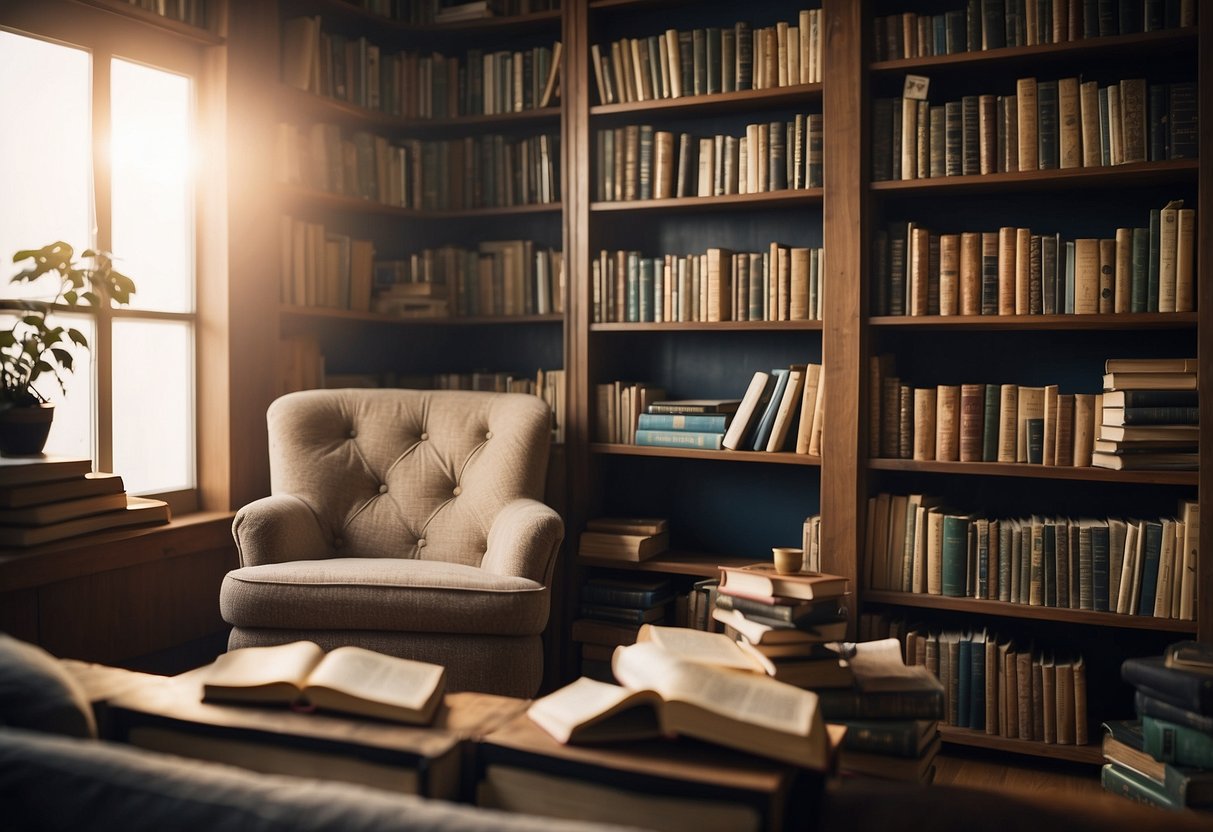 A cozy reading nook with a variety of books from different cultures displayed on a shelf, inviting exploration and learning