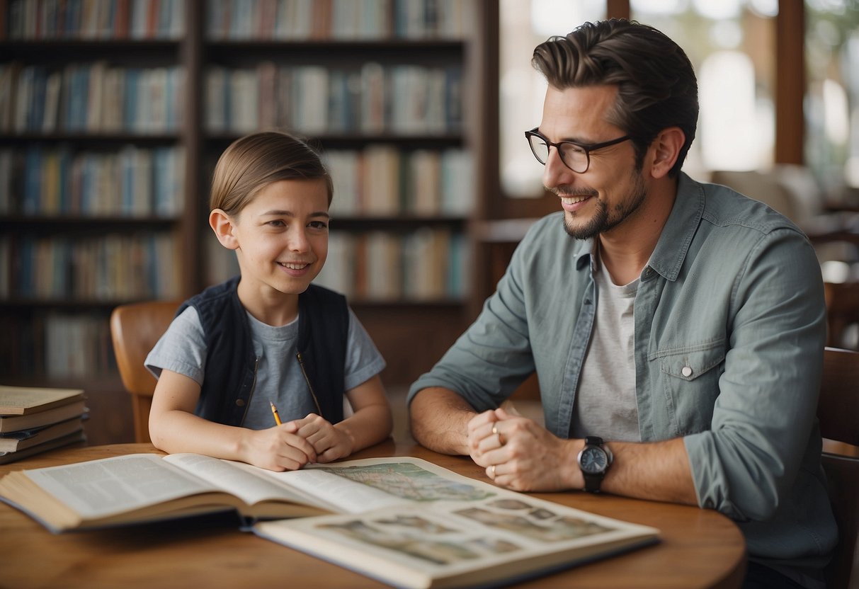 A child and an adult sit at a table, surrounded by language books and maps. They engage in conversation and practice speaking new words together