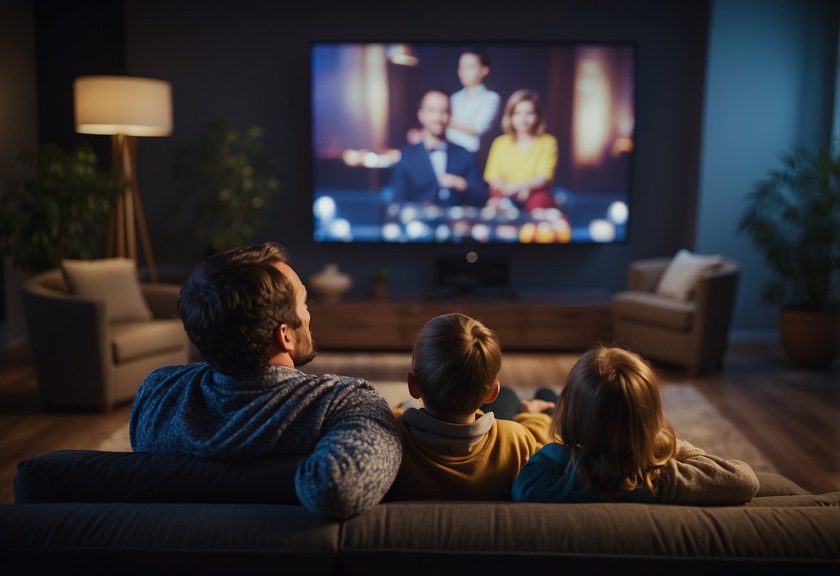 A family sits on a couch, watching foreign films with subtitles. The room is dimly lit, and the screen illuminates their faces with colorful scenes from different cultures