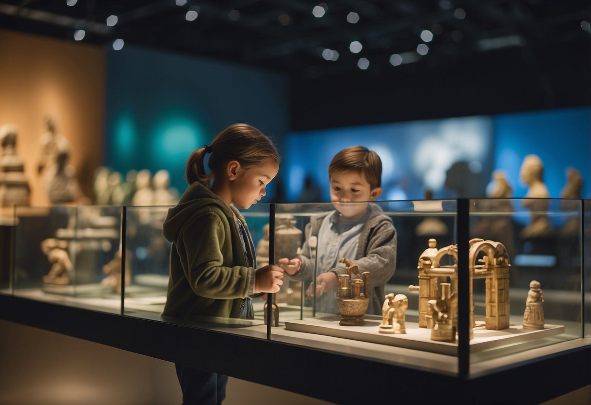 A child explores exhibits in a cultural museum, engaging with artifacts and interactive displays. The child's curiosity is evident as they learn about different cultures