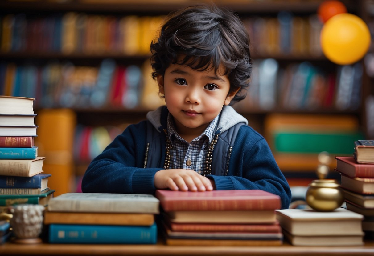 A child explores a diverse array of cultural artifacts, books, and music, surrounded by vibrant colors and symbols from around the world