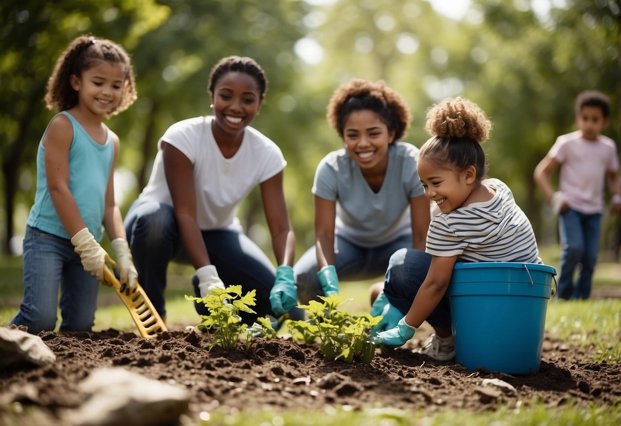 A diverse group of children and adults work together to clean up a local park, planting trees and picking up trash. They smile and laugh as they make their community a better place