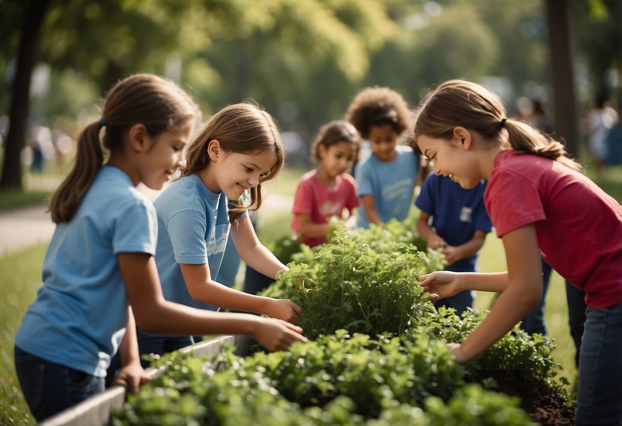 A group of children eagerly participating in various volunteer activities for local charities, such as cleaning up a park, serving meals at a shelter, and planting trees in the community