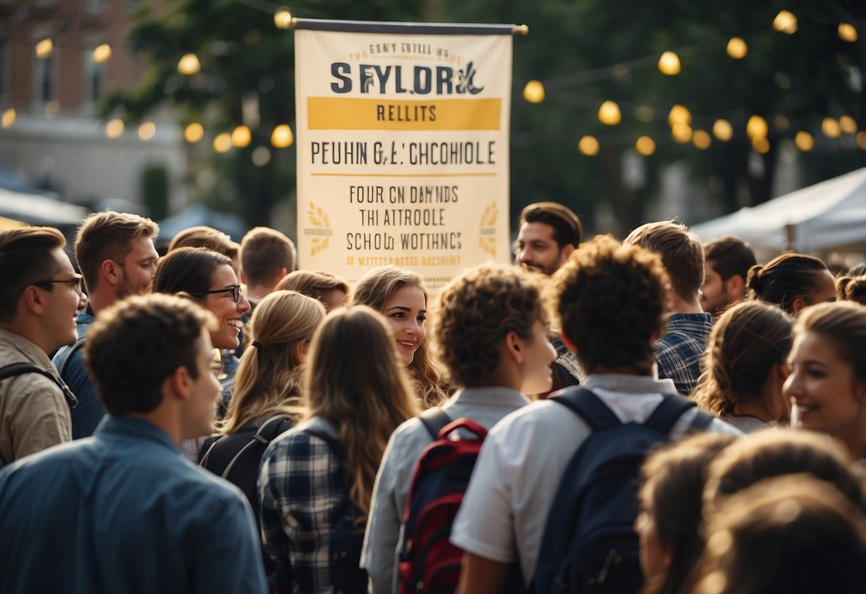 Students gather around a banner for a school event. They chat and laugh, while others set up booths and activities. The atmosphere is buzzing with excitement and anticipation