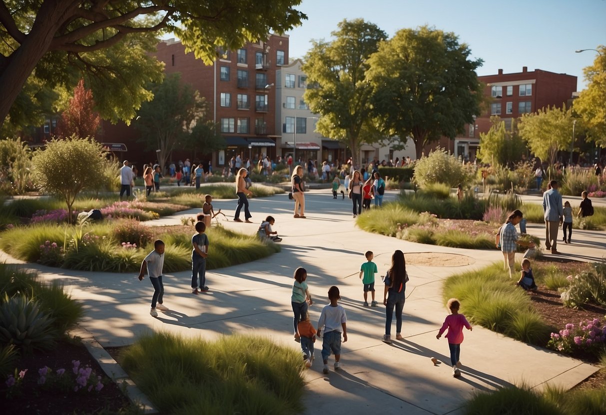 A diverse neighborhood park with children playing, families gardening, and people gathering for community events. The backdrop includes local landmarks and vibrant street art