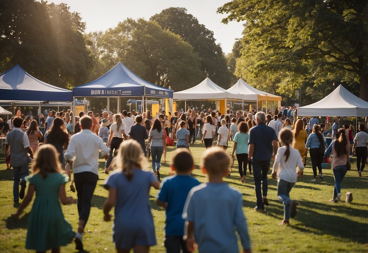 A group of people gather in a park, setting up booths and banners for a community fundraiser. Children excitedly run around, helping their parents and eagerly participating in the event