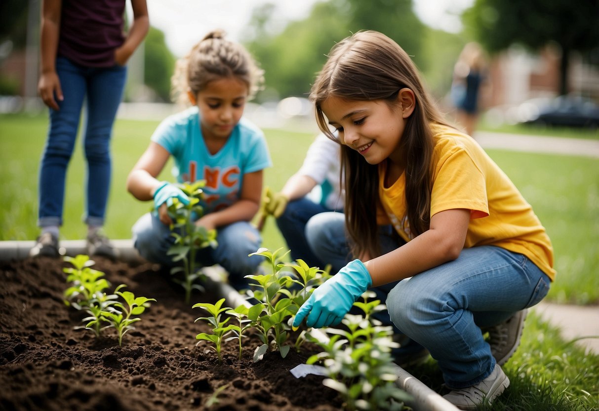 Children engaging in community activities, planting trees, cleaning up parks, and helping at local shelters. They are learning about their role in society through hands-on experiences