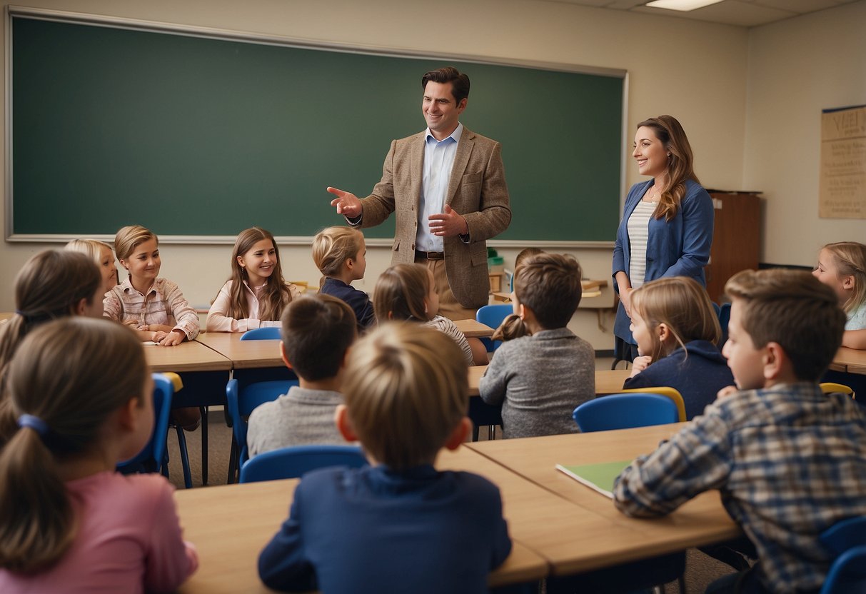 A classroom setting with children engaged in discussion about historical figures, with visual aids and interactive activities to teach their role in society