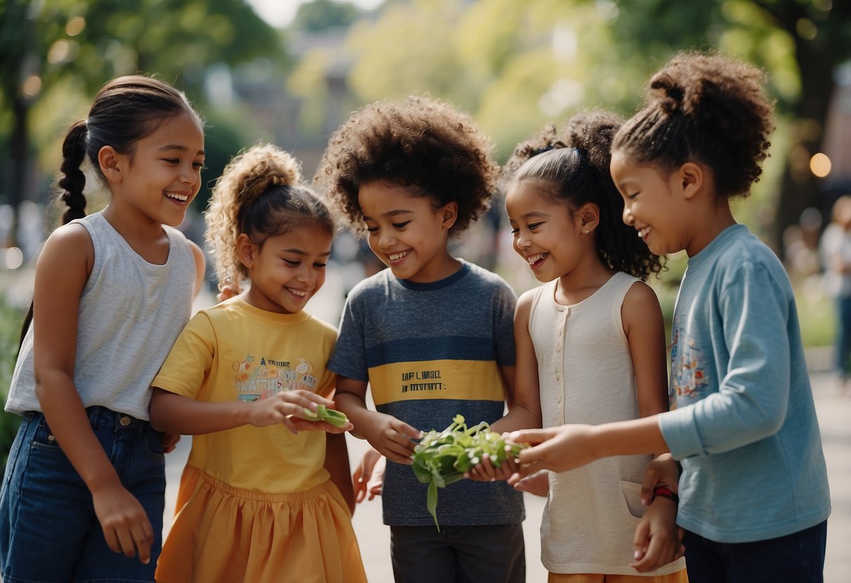 A diverse group of children engage in various activities, such as helping each other, participating in community events, and learning about different roles in society