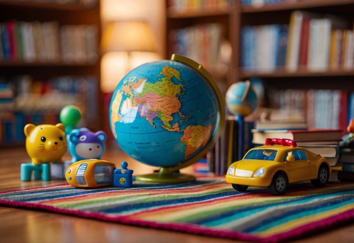 Children's books and toys scattered on a colorful rug, with a small table and chairs nearby. A bookshelf filled with diverse stories and a globe in the background