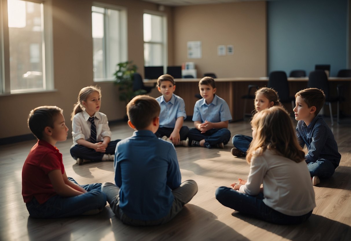 A group of children sit in a circle, listening intently as professionals conduct mock interviews. Posters on the walls display tips for teaching kids about their role in society