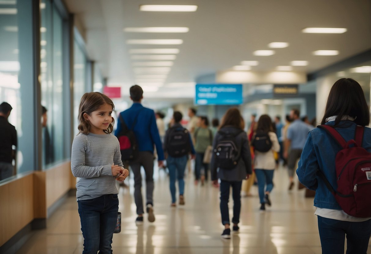 Busy local government offices, with people coming and going. Signs and posters about civic duties and responsibilities. A child observing with curiosity