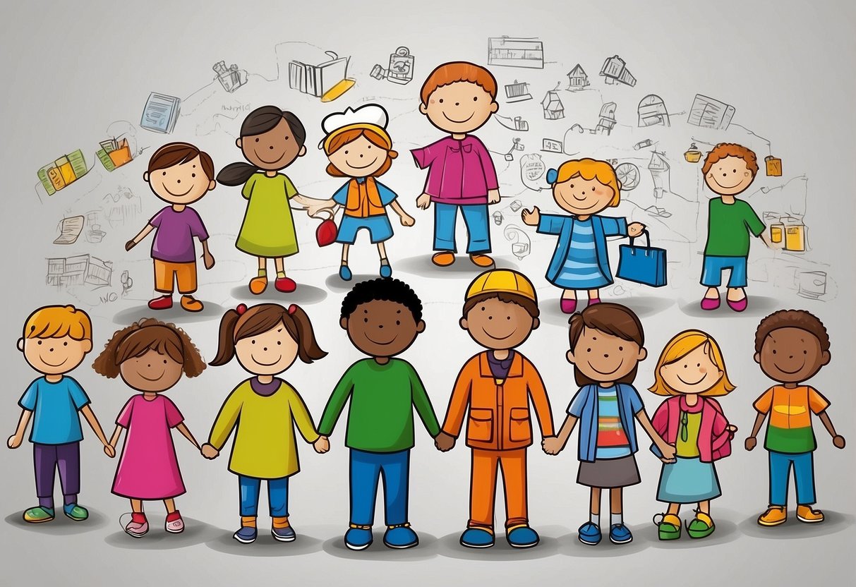 Children's drawings of a diverse community, with various occupations and activities. A web of interconnected relationships and responsibilities