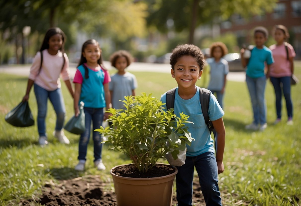 A group of diverse children participate in a community clean-up, plant trees, and discuss local issues with adults. They hold signs promoting civic responsibility