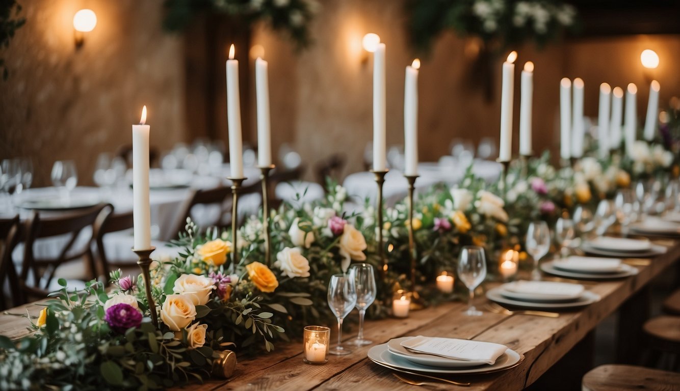 Vibrant floral centerpieces adorn rustic wooden tables at an Italian-inspired wedding, with olive branches and grapevine accents