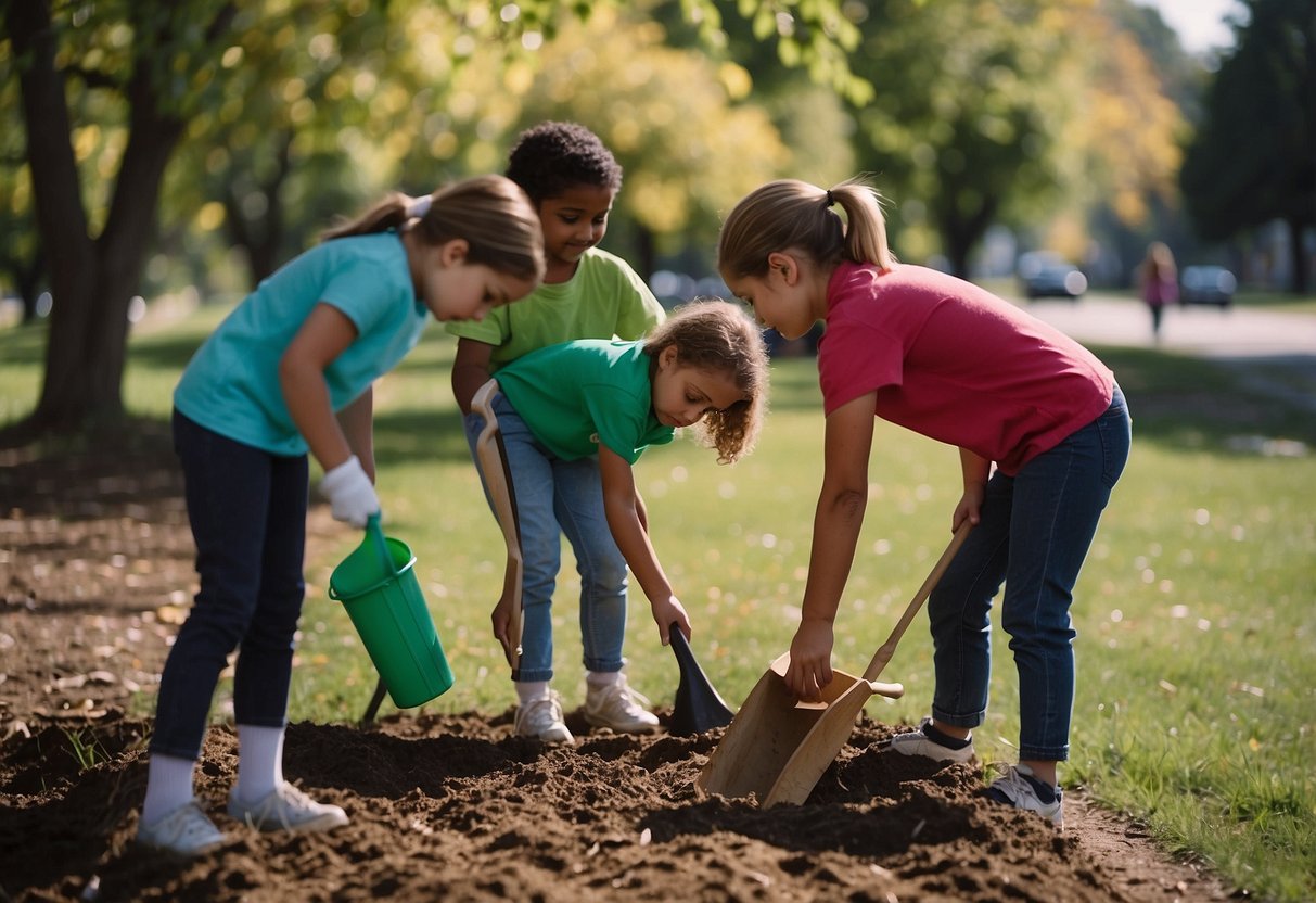 Children planting trees, cleaning up a park, voting in a mock election, volunteering at a local charity, and participating in a community clean-up event