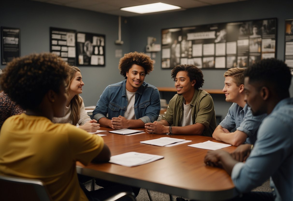 A group of diverse young people sit around a table, discussing community issues. Posters on the wall display the 5 strategies for youth civic engagement