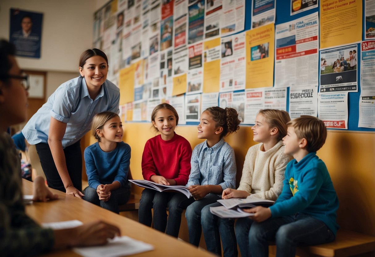 A group of children, surrounded by campaign posters and flyers, are engaged in a lively discussion about local elections. They are brainstorming ways to get involved in civic activities, with enthusiasm and determination evident on their faces