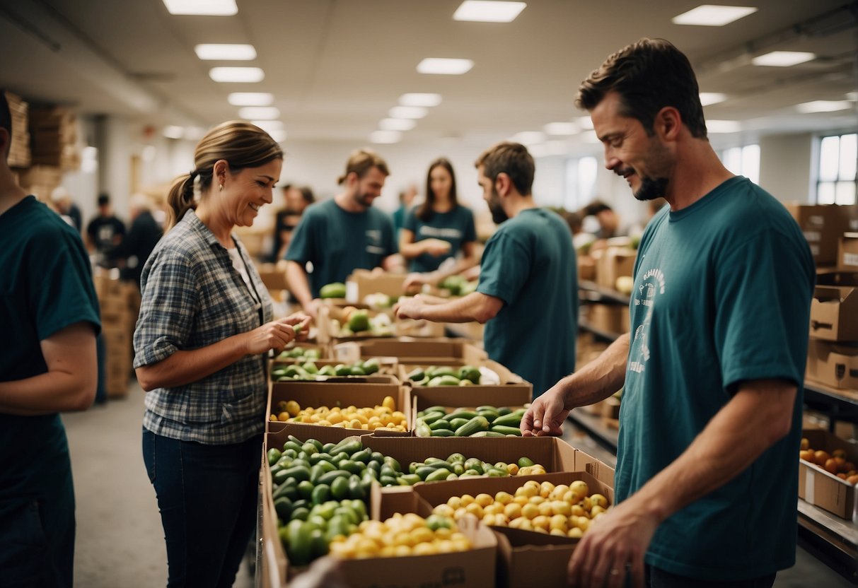 People sorting and packing food at a busy food bank. Boxes and shelves filled with canned goods and produce. A sense of teamwork and community