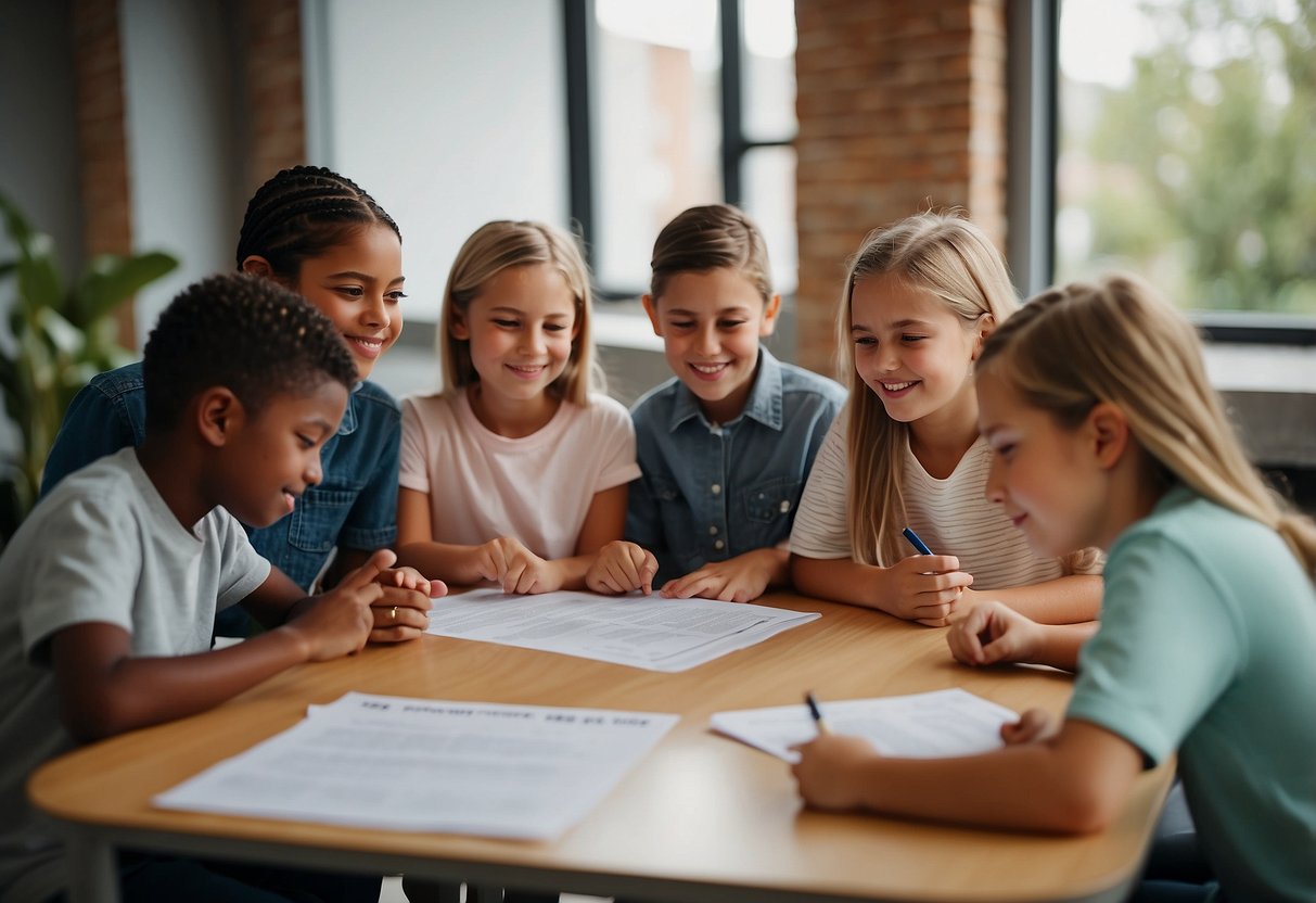 A group of children gather around a table, discussing ideas and making plans for a new school club. Posters and flyers are spread out, and there is a sense of excitement and collaboration in the air