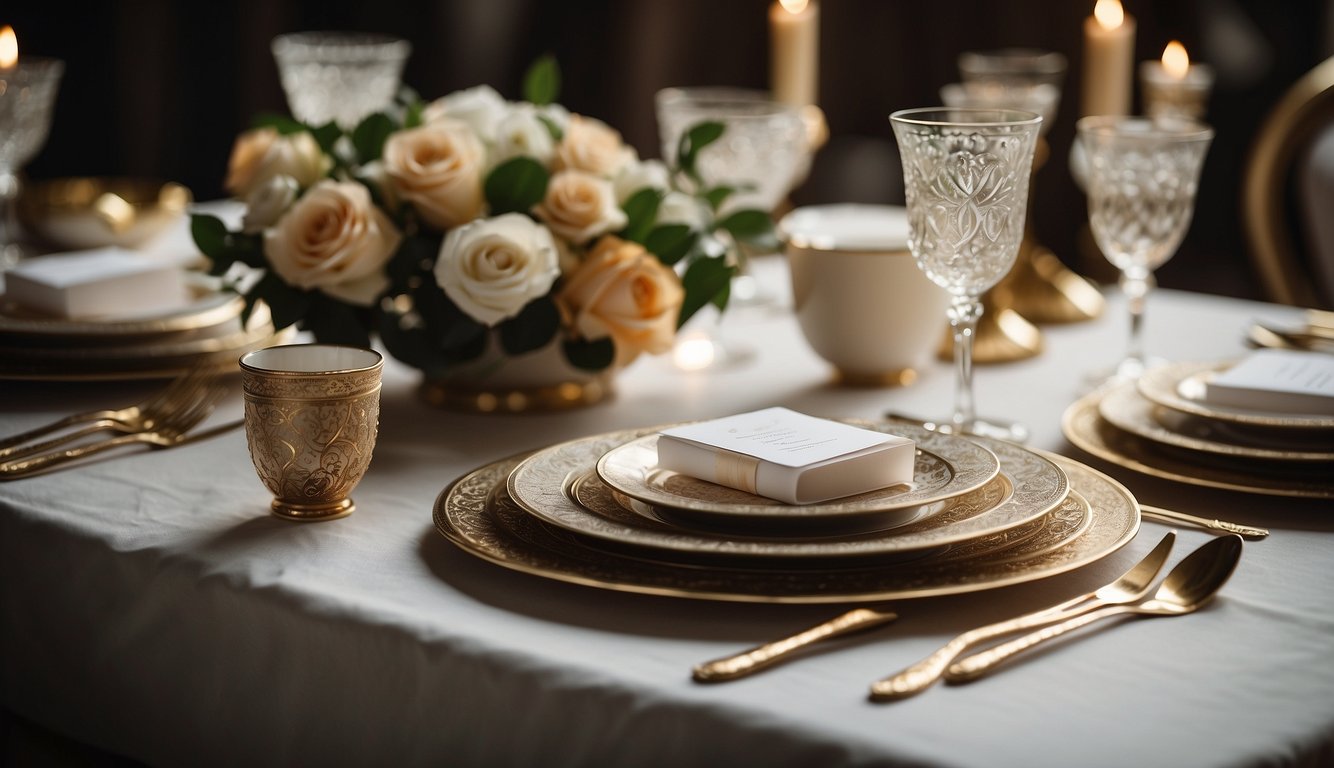 A table adorned with elegant invitations and stationery, featuring intricate Italian design elements and delicate calligraphy