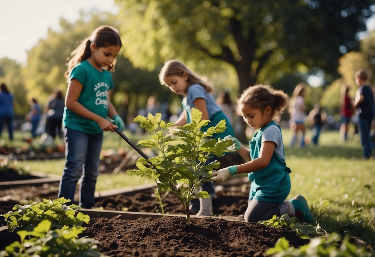 Children planting trees in a community garden, cleaning up a local park, organizing a charity bake sale, participating in a neighborhood clean-up, and volunteering at a local animal shelter