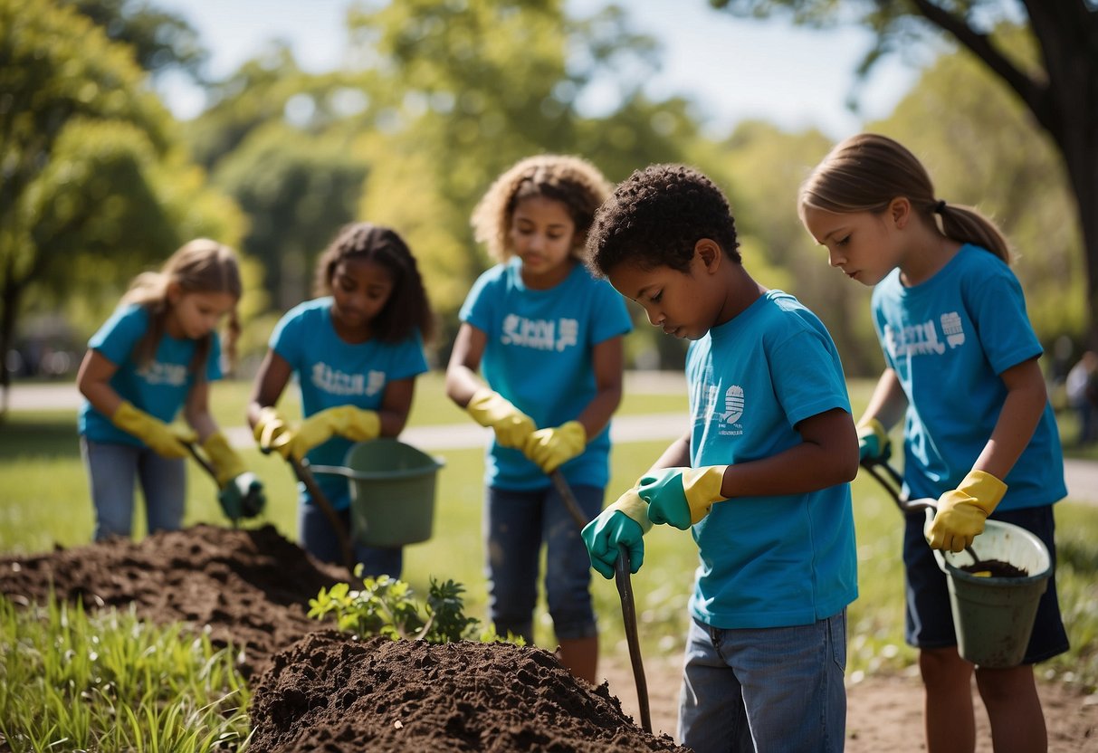 A group of children working together to clean up a local park, planting trees, and painting benches, showing teamwork and civic engagement