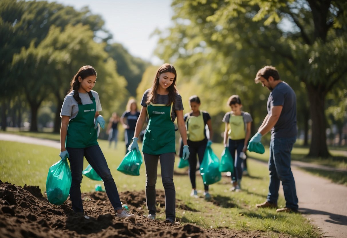 A group of people cleaning up a park, planting trees, and collecting trash. A few individuals are teaching children about the importance of environmental stewardship