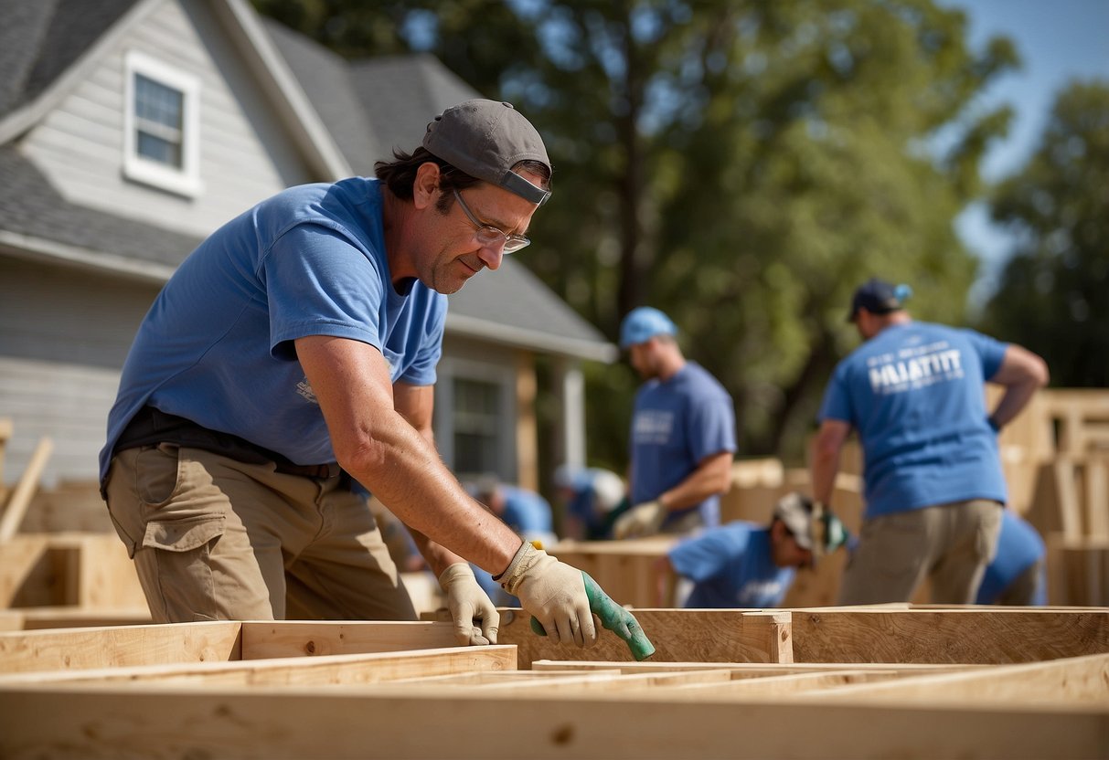 Volunteers building homes, painting walls, and landscaping. Tools and building materials scattered around. Habitat for Humanity logo visible