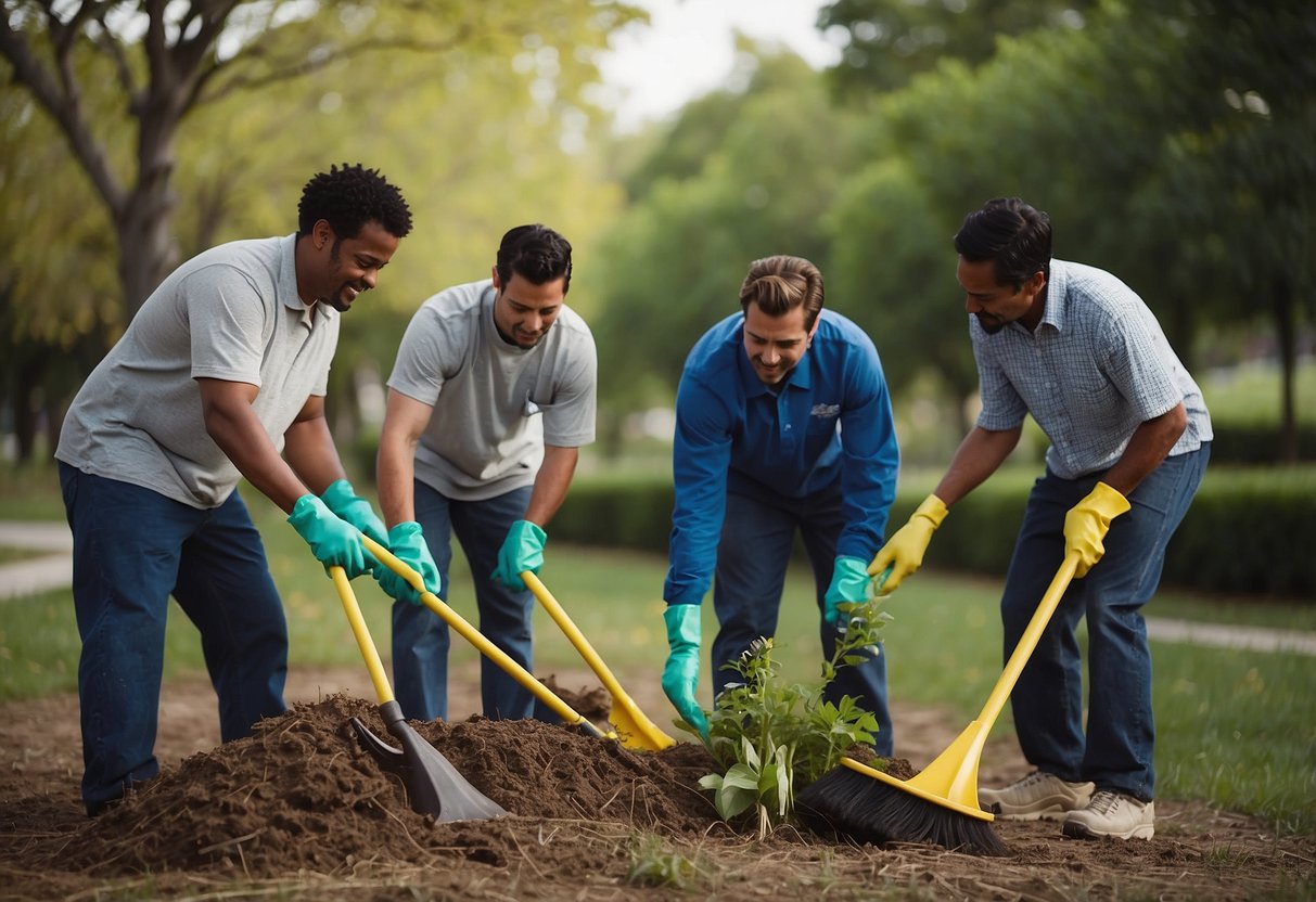 A group of individuals working together to clean up a local park, plant trees, and educate community members about environmental conservation and civic responsibility