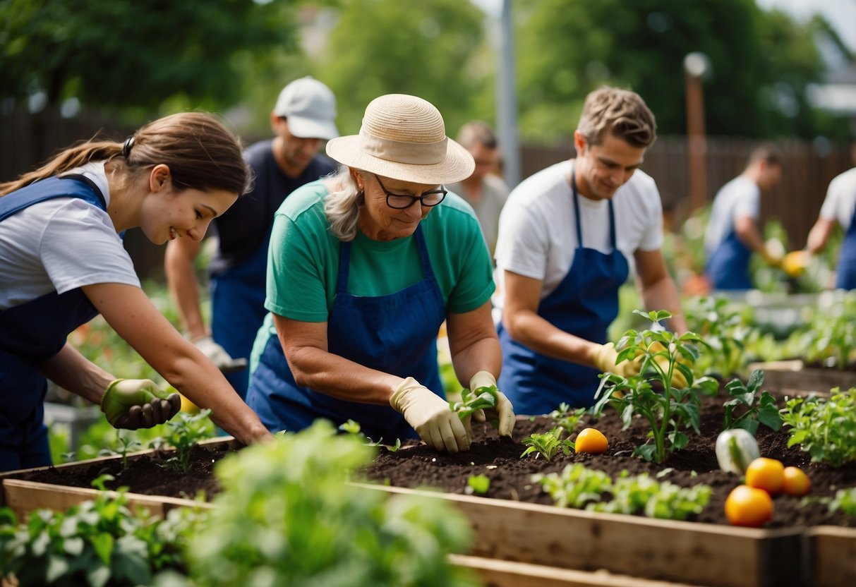 A group of volunteers tend to a vibrant community garden, planting and watering various fruits, vegetables, and flowers. The garden is alive with activity and color, showcasing the collective effort of the volunteers