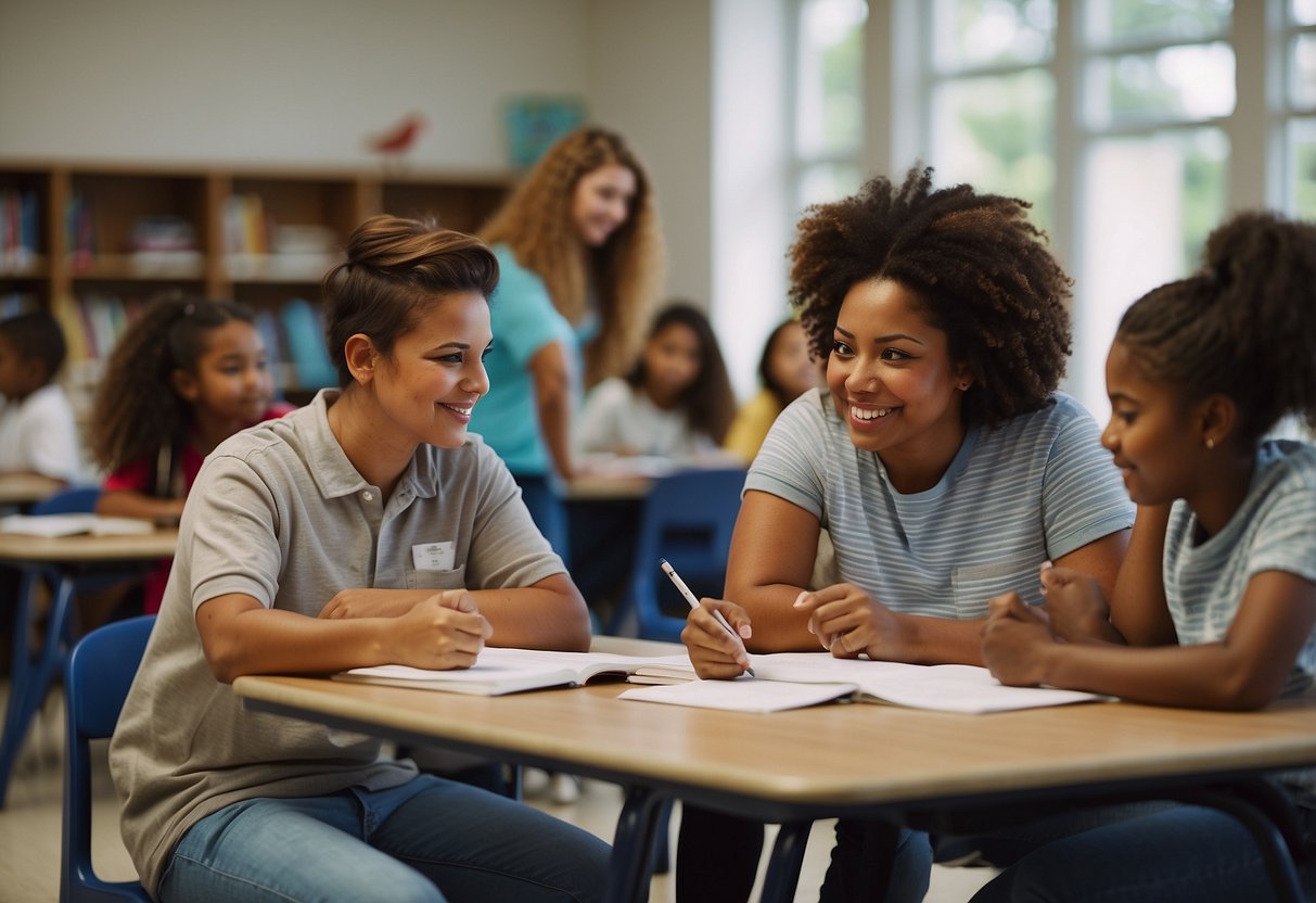 A group of volunteers engage with students in a classroom setting, providing one-on-one tutoring and academic support at a local school