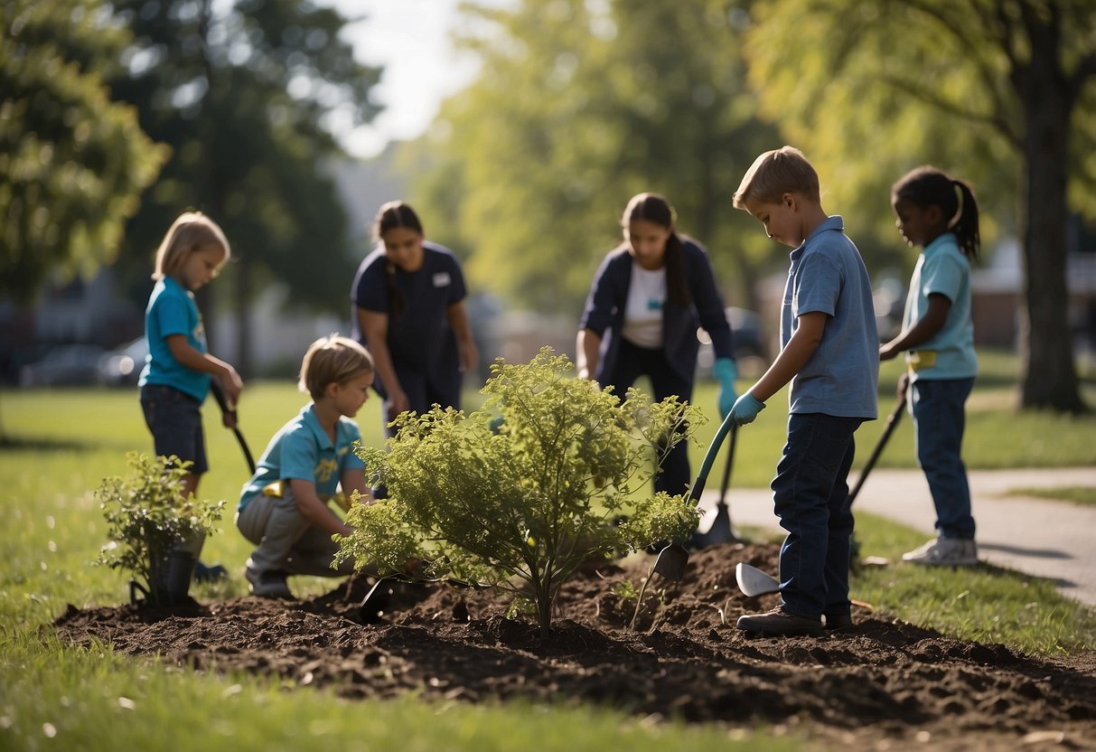 Children planting trees, cleaning up parks, and attending community meetings. They hold signs, volunteer at local events, and discuss social issues