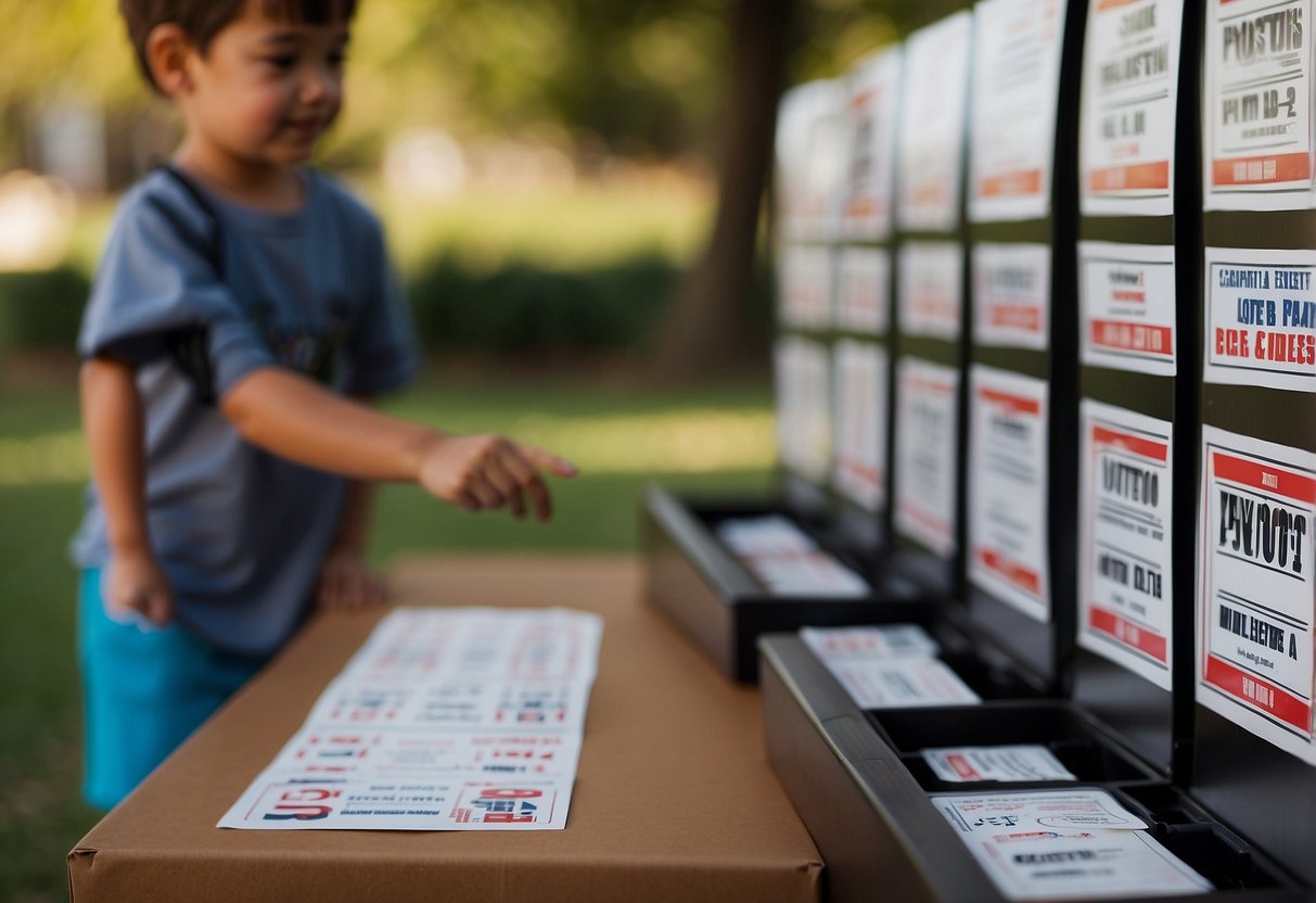 A child's hand placing a ballot into a voting box, surrounded by posters promoting community events and causes