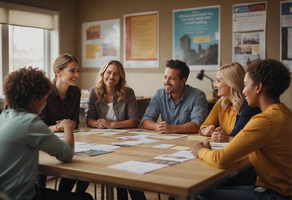 A group of volunteers gather around a table, discussing ways to engage children in civic activities. Posters and flyers about local charities decorate the walls