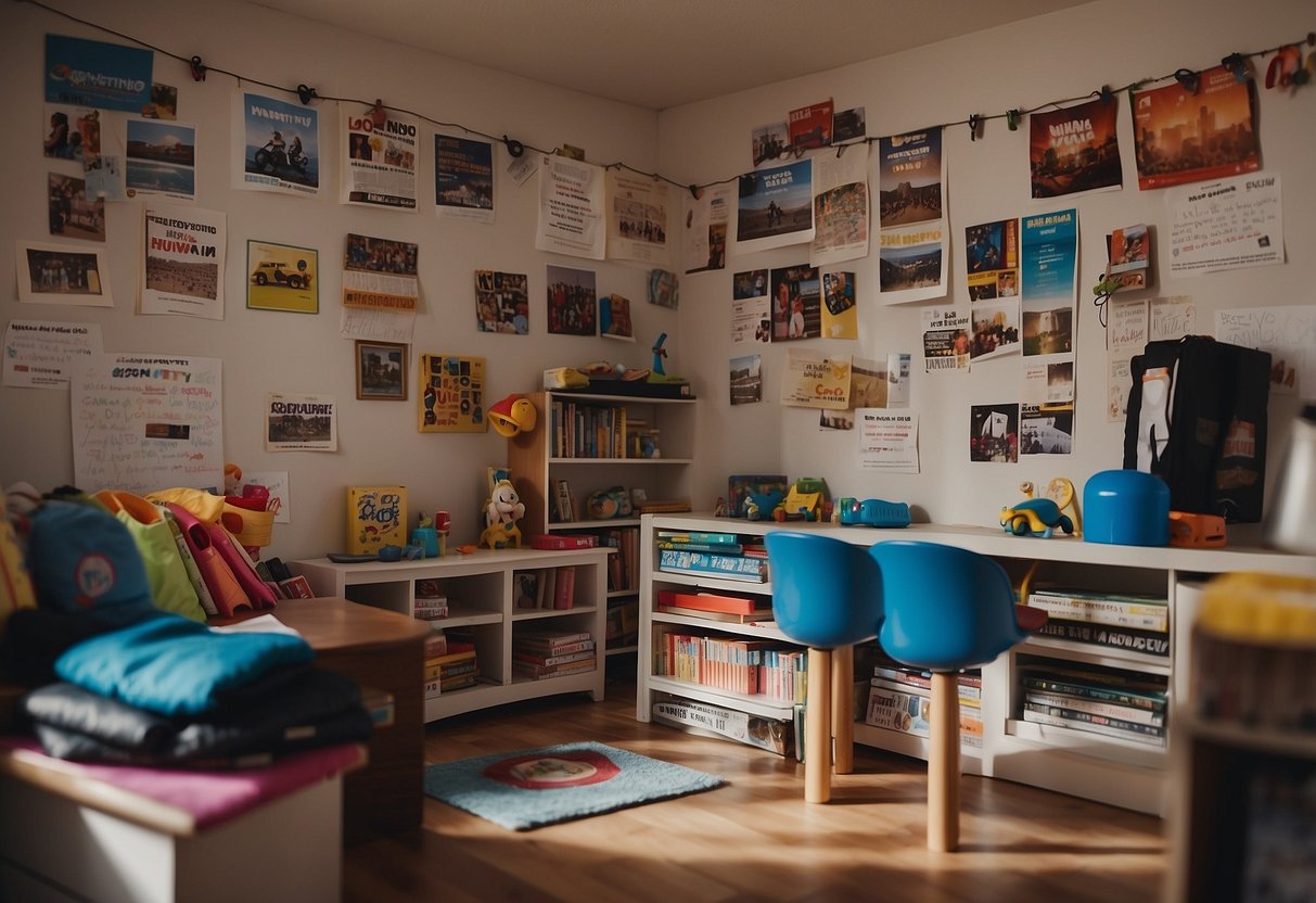 A child's room with posters of community events, a calendar marked with civic activities, and a stack of books on social issues