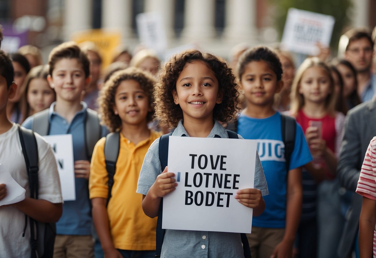 People gathered at town hall, holding signs. Children listen attentively, some raising their hands to speak. The atmosphere is charged with civic engagement