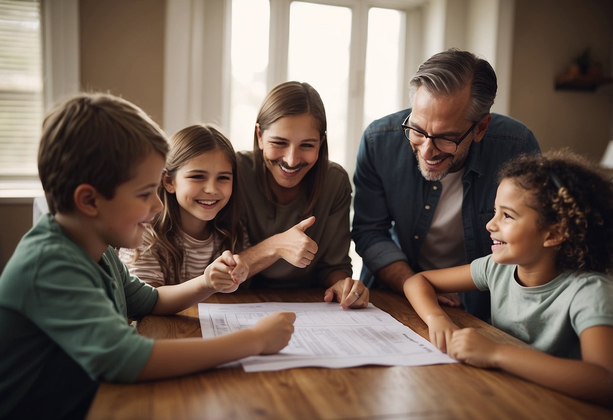 Family members gather around a table, pointing at a ballot and engaging in lively conversation