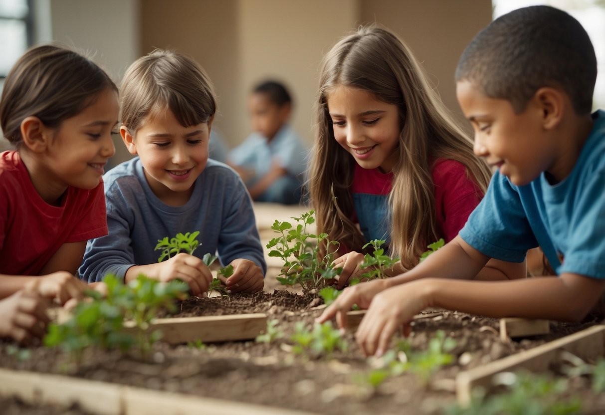 A group of children working together on a community project, displaying patience, empathy, and respect for each other's ideas and opinions