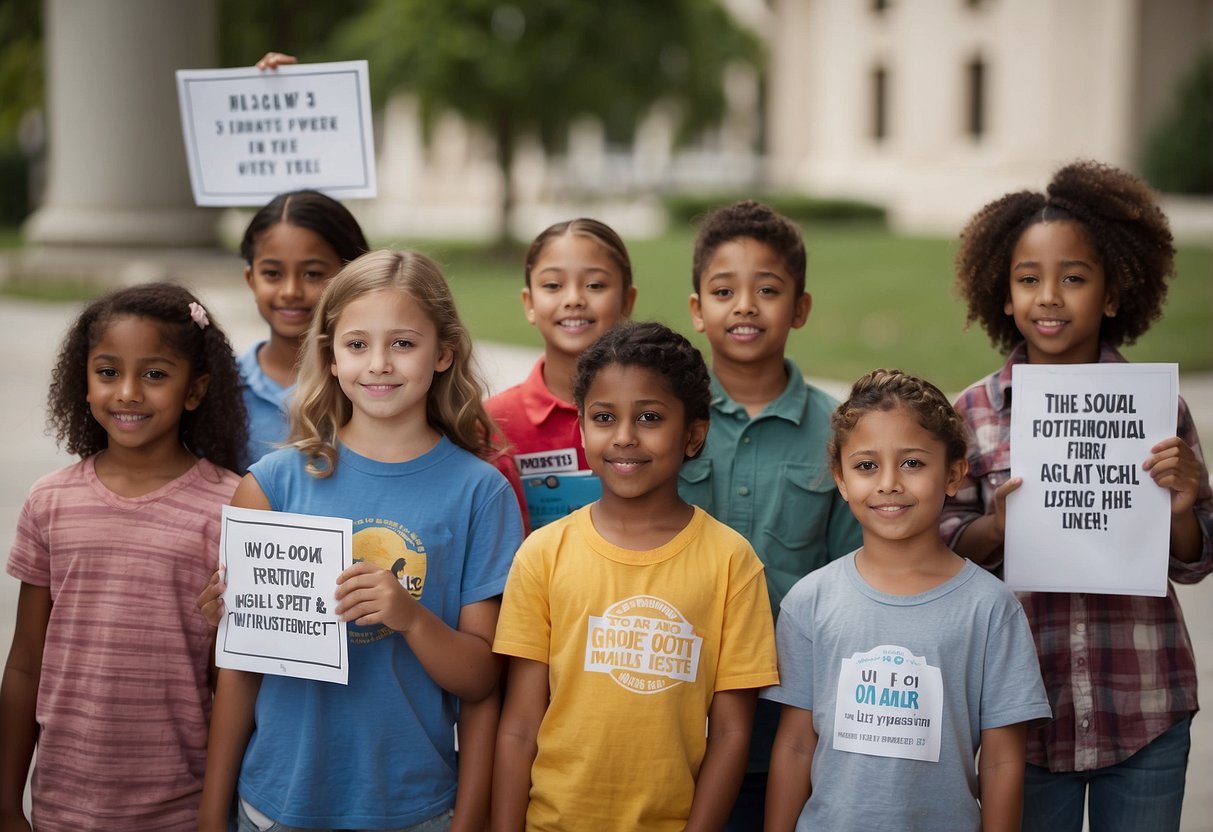 A group of children holding signs with messages about social issues, standing in front of a government building. Some are talking to adults and others are handing out informational flyers