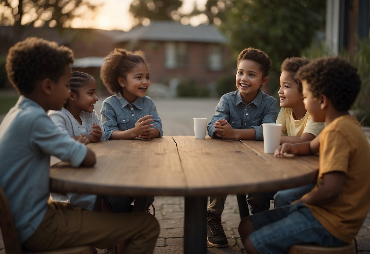 A group of children gather around a table, discussing community issues. They are eagerly sharing ideas and listening to each other, showing enthusiasm and empathy