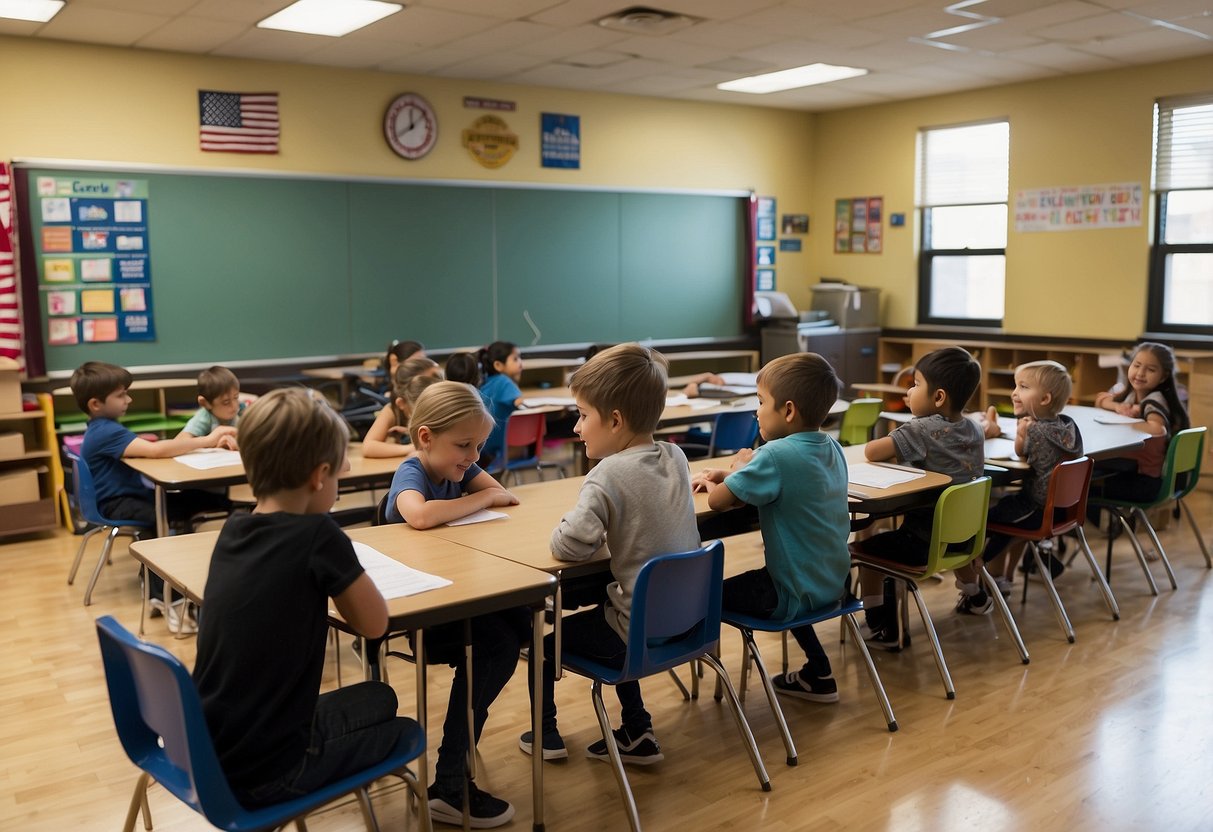 A classroom with kids engaged in mock elections, using ballots and voting booths to learn about government and citizenship