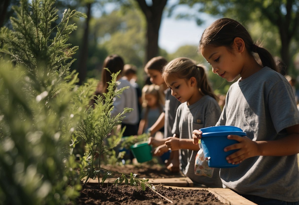 Children painting murals, planting trees, and cleaning up parks. Learning about local government and participating in mock elections