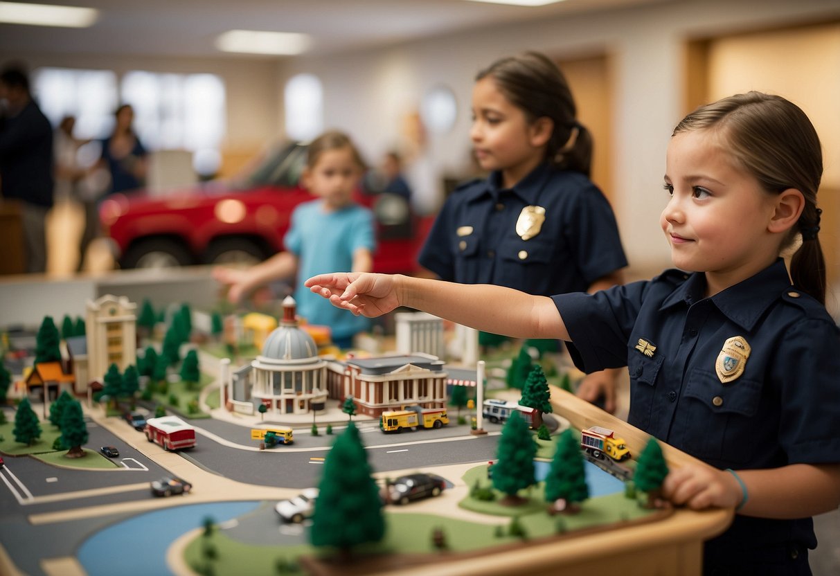 Children explore city hall, police station, and fire department. They learn about local government and citizenship through interactive activities and guided tours