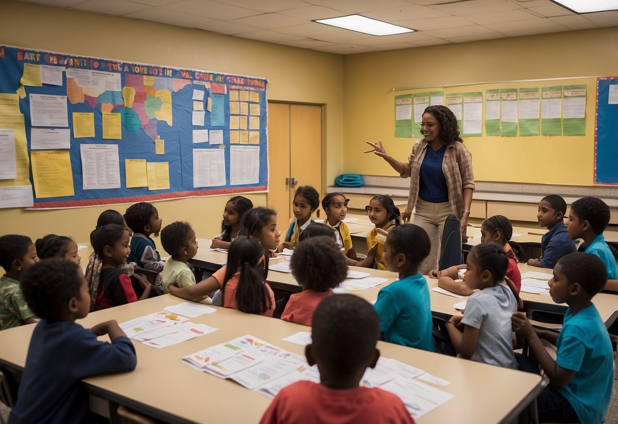 Children engaging in activities like voting, discussing laws, and volunteering in their community, with visual aids like charts and maps to teach about government and citizenship