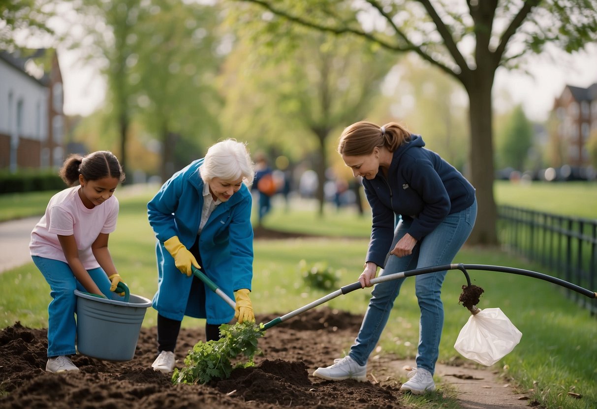 Children cleaning up a park, planting trees, helping at a food bank, visiting elderly in a nursing home, and fundraising for a local charity