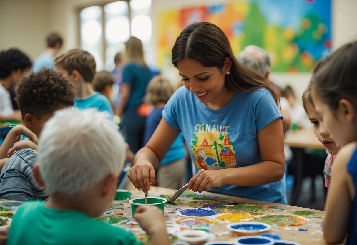 Children painting murals, planting gardens, collecting donations, reading to seniors, and organizing food drives at a bustling community center